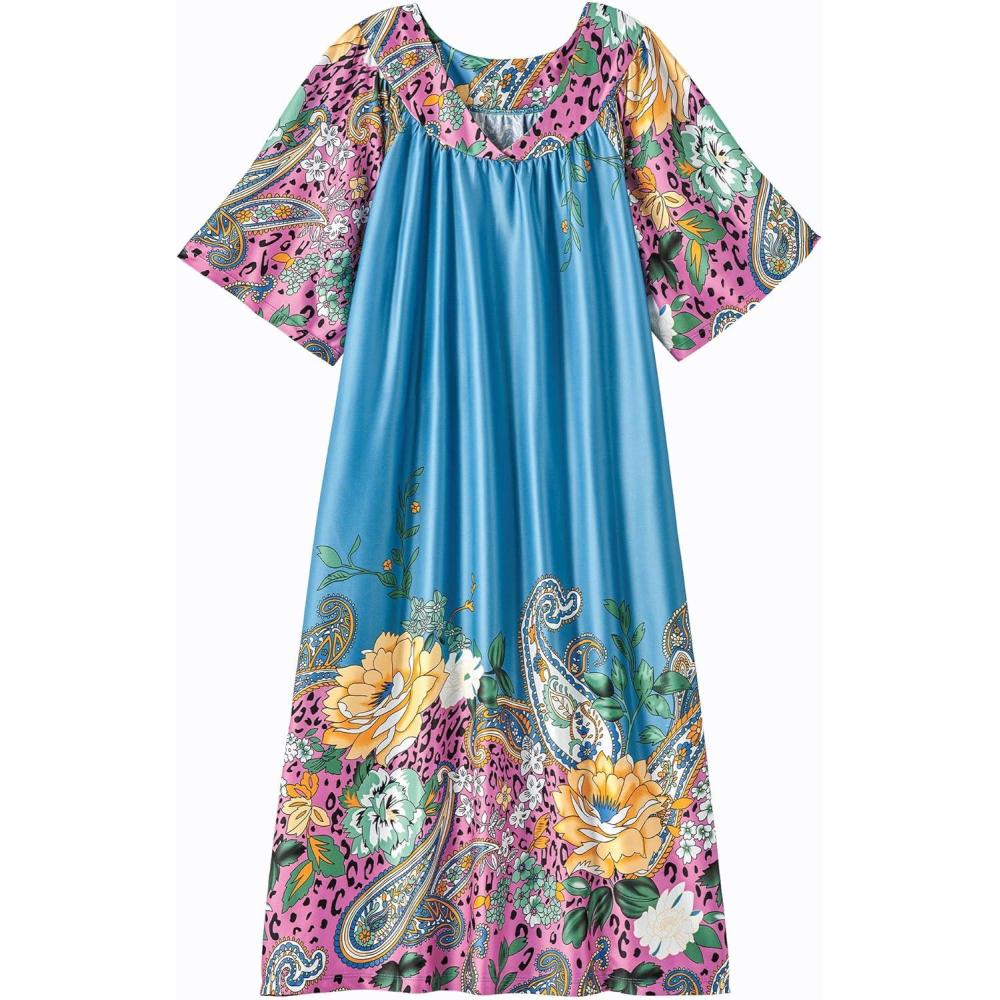 imageAmeriMark Casual Womens Patio Muumuu House Dress Loose Comfortable Short Sleeve Sun Dress Lounger Gown Sleepwear for LadiesFloral Teal Paisley