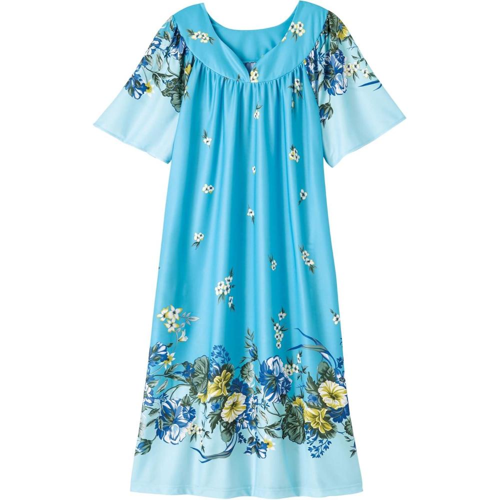 imageAmeriMark Casual Womens Patio Muumuu House Dress Loose Comfortable Short Sleeve Sun Dress Lounger Gown Sleepwear for LadiesFrench Blue Border