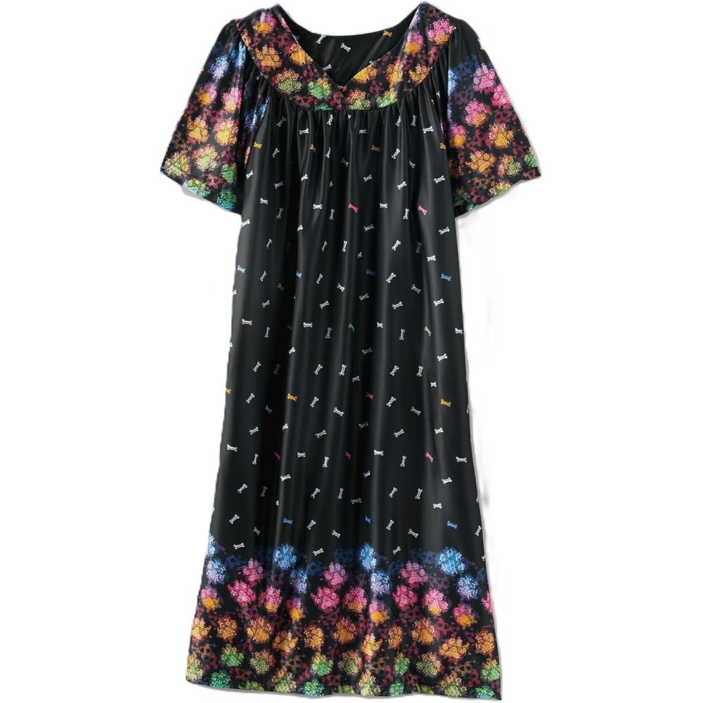 imageAmeriMark Casual Womens Patio Muumuu House Dress Loose Comfortable Short Sleeve Sun Dress Lounger Gown Sleepwear for LadiesNeon Dog