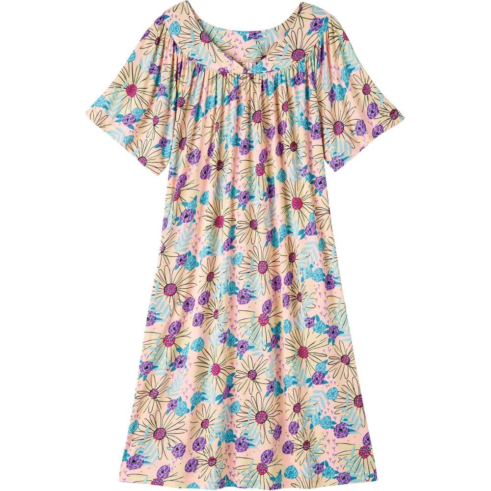 imageAmeriMark Casual Womens Patio Muumuu House Dress Loose Comfortable Short Sleeve Sun Dress Lounger Gown Sleepwear for LadiesPeach Floral