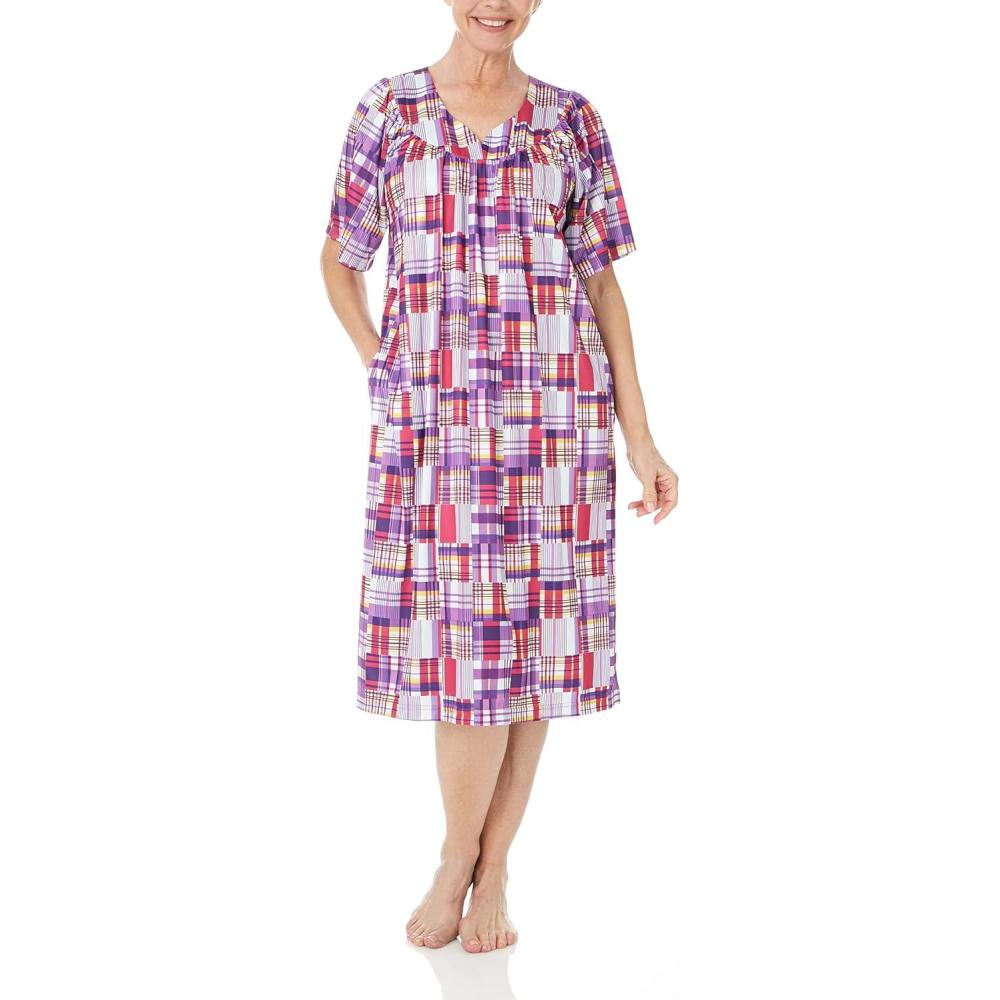 imageAmeriMark Casual Womens Patio Muumuu House Dress Loose Comfortable Short Sleeve Sun Dress Lounger Gown Sleepwear for LadiesPurple Patch