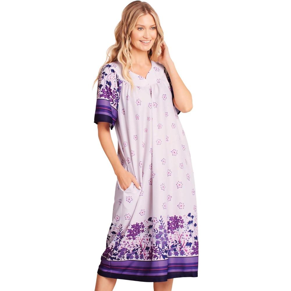 imageAmeriMark Casual Womens Patio Muumuu House Dress Loose Comfortable Short Sleeve Sun Dress Lounger Gown Sleepwear for LadiesPurple Stripe