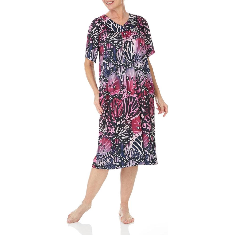 imageAmeriMark Casual Womens Patio Muumuu House Dress Loose Comfortable Short Sleeve Sun Dress Lounger Gown Sleepwear for LadiesPurple Wings
