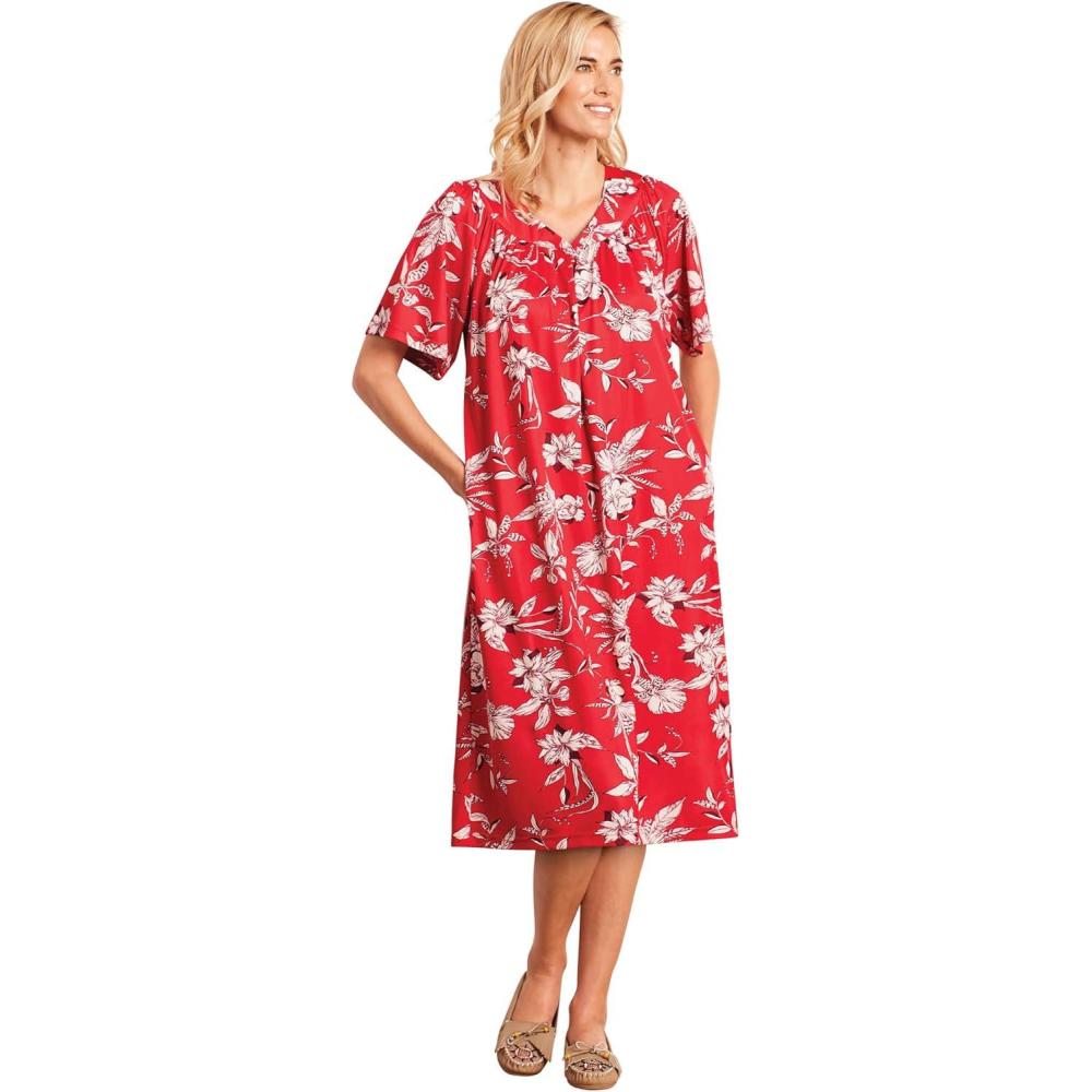 imageAmeriMark Casual Womens Patio Muumuu House Dress Loose Comfortable Short Sleeve Sun Dress Lounger Gown Sleepwear for LadiesRedWhite Floral