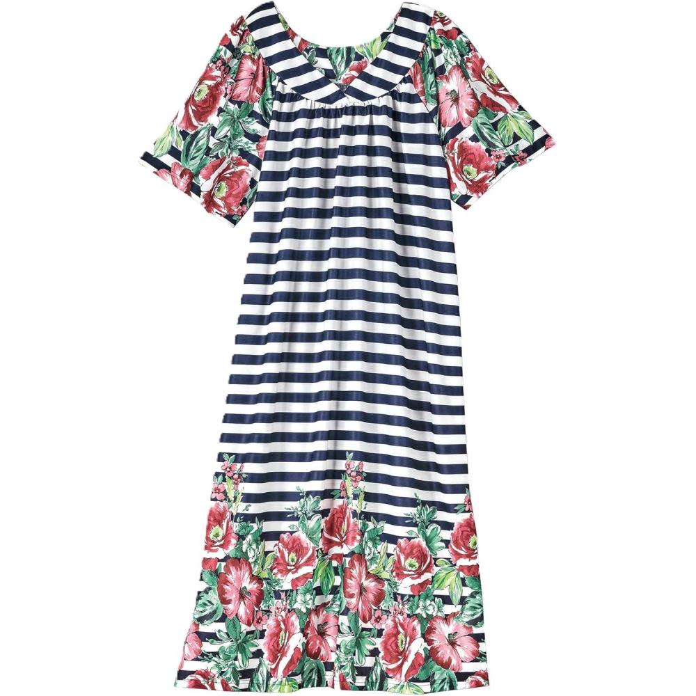 imageAmeriMark Casual Womens Patio Muumuu House Dress Loose Comfortable Short Sleeve Sun Dress Lounger Gown Sleepwear for LadiesStripe Rose