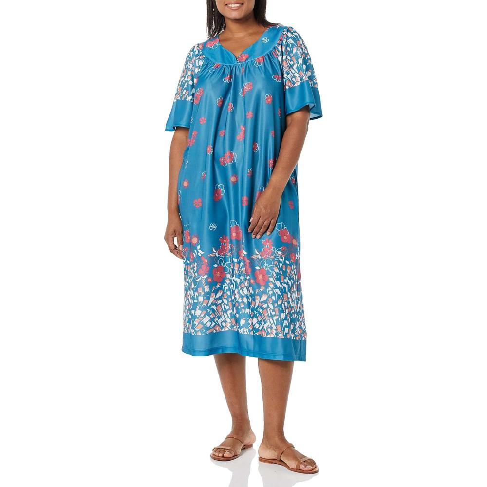 imageAmeriMark Casual Womens Patio Muumuu House Dress Loose Comfortable Short Sleeve Sun Dress Lounger Gown Sleepwear for LadiesTeal Floral