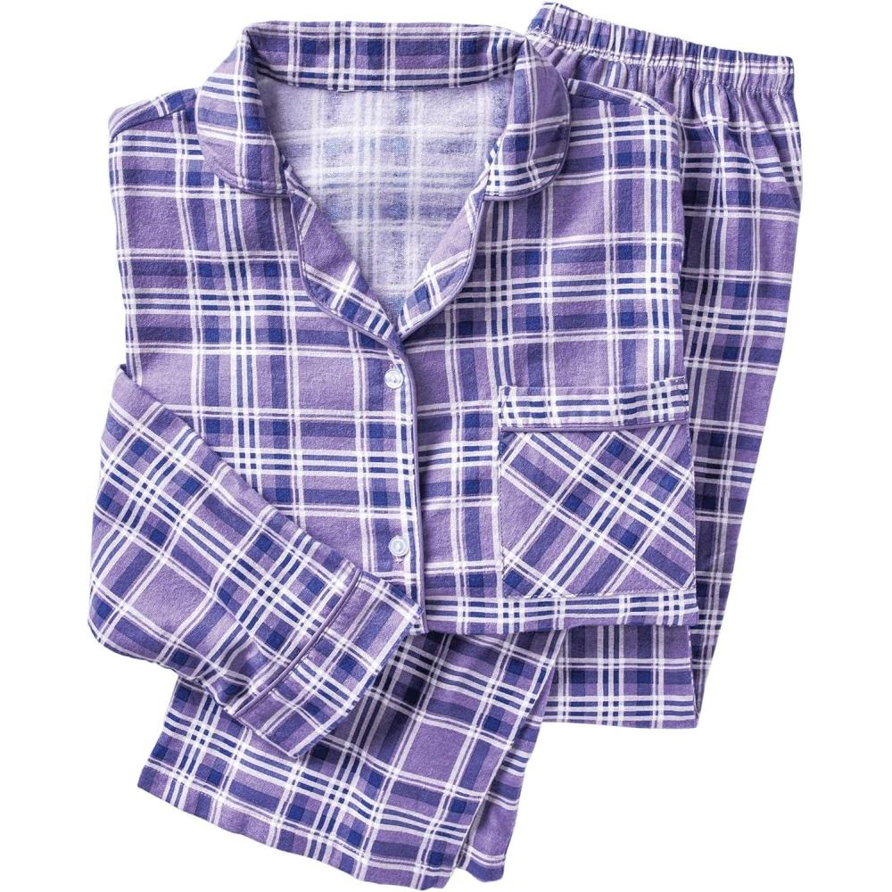 imageAmeriMark Cozee Corner Floral Printed Flannel Pajama Set 100 Cotton Flannel PJs ButtonDown Top Elastic Waist PantsLilac Plaid