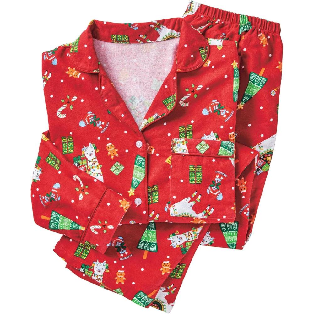 imageAmeriMark Cozee Corner Floral Printed Flannel Pajama Set  100 Cotton Flannel PJs ButtonDown Top Elastic Waist PantsLlama