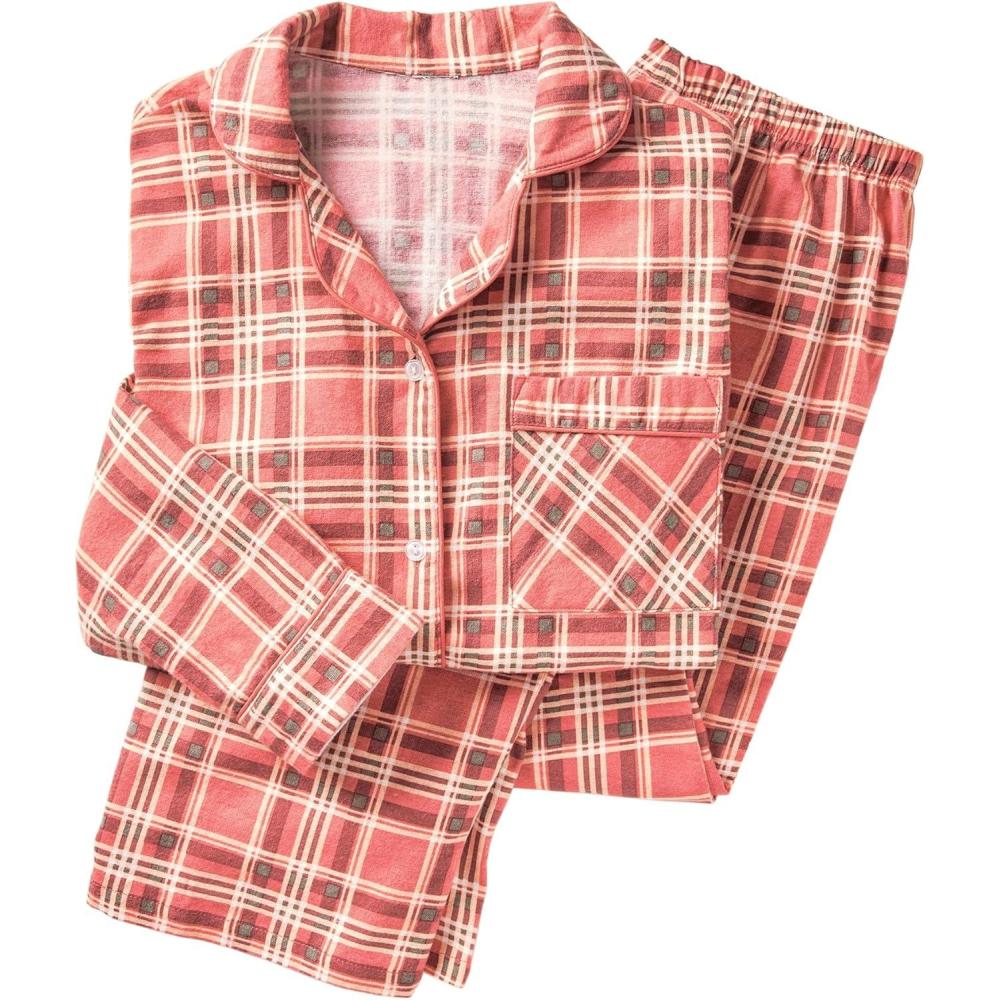 imageAmeriMark Cozee Corner Floral Printed Flannel Pajama Set 100 Cotton Flannel PJs ButtonDown Top Elastic Waist PantsPink Plaid
