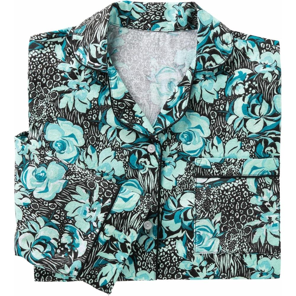 imageAmeriMark Cozee Corner Floral Printed Flannel Pajama Set 100 Cotton Flannel PJs ButtonDown Top Elastic Waist PantsTeal Floral