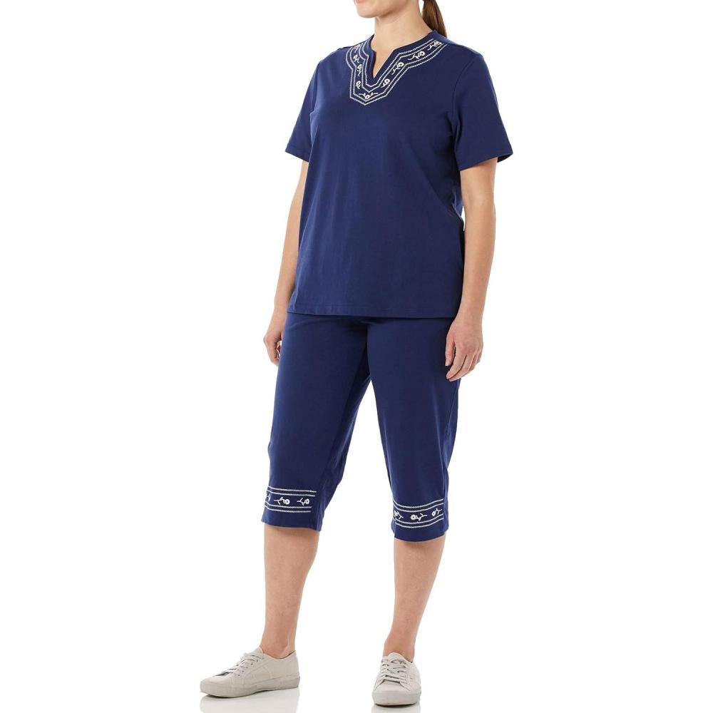 imageAmeriMark Embroidered Floral Trim Capri Set Womens Capri Top amp Pants OutfitNavy