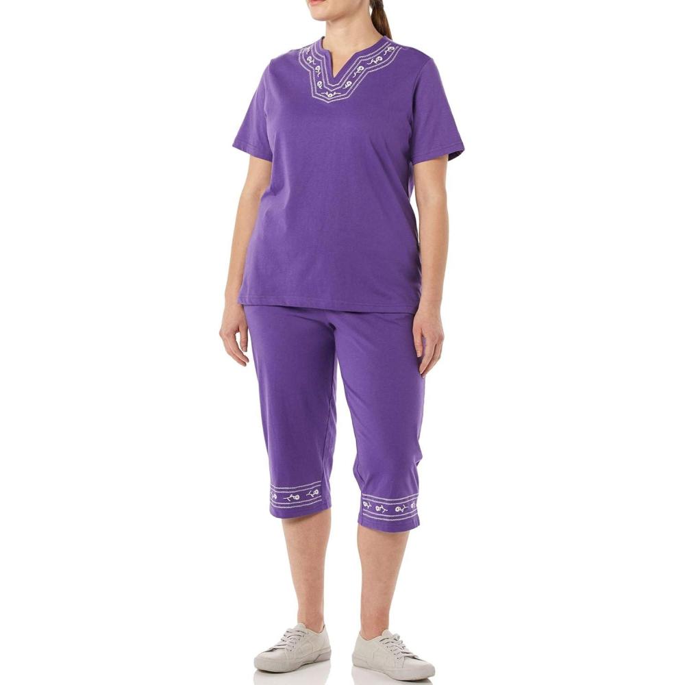 imageAmeriMark Embroidered Floral Trim Capri Set Womens Capri Top amp Pants OutfitViolet