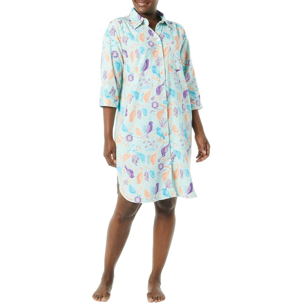 imageAmeriMark Flannel Nightshirt Button Down Sleepshirt Knit Nightgown for Women Plus SizeMint Birds