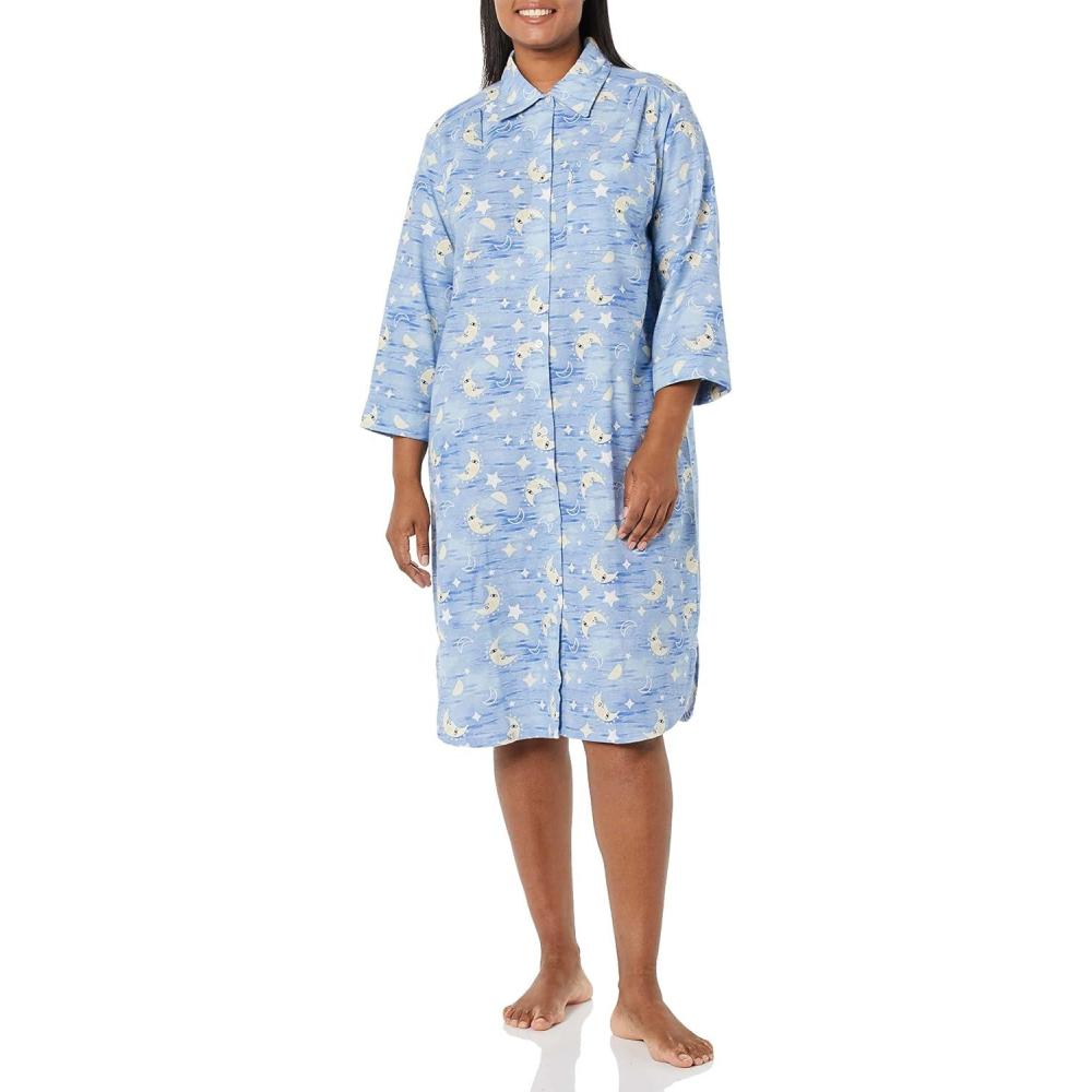 imageAmeriMark Flannel Nightshirt Button Down Sleepshirt Knit Nightgown for Women Plus SizeMoonStars