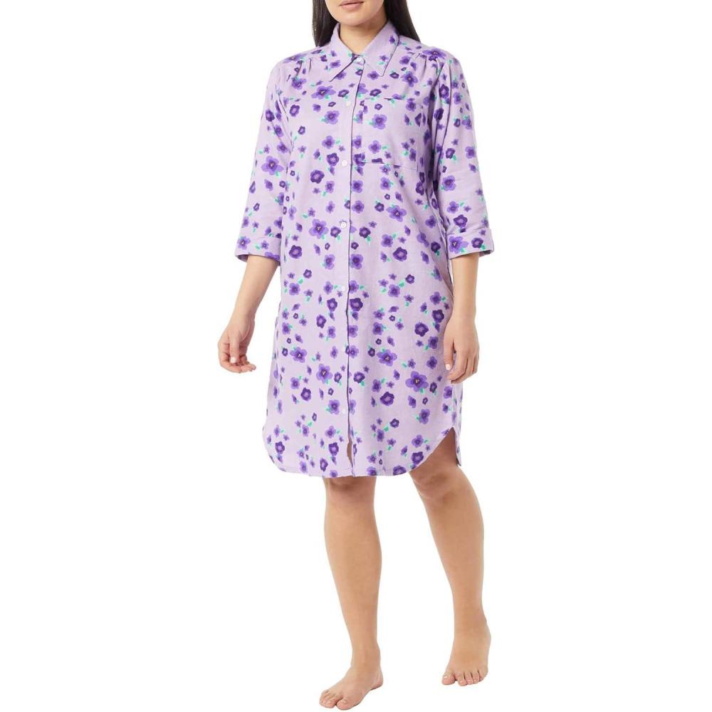 imageAmeriMark Flannel Nightshirt Button Down Sleepshirt Knit Nightgown for Women Plus SizePurple Floral