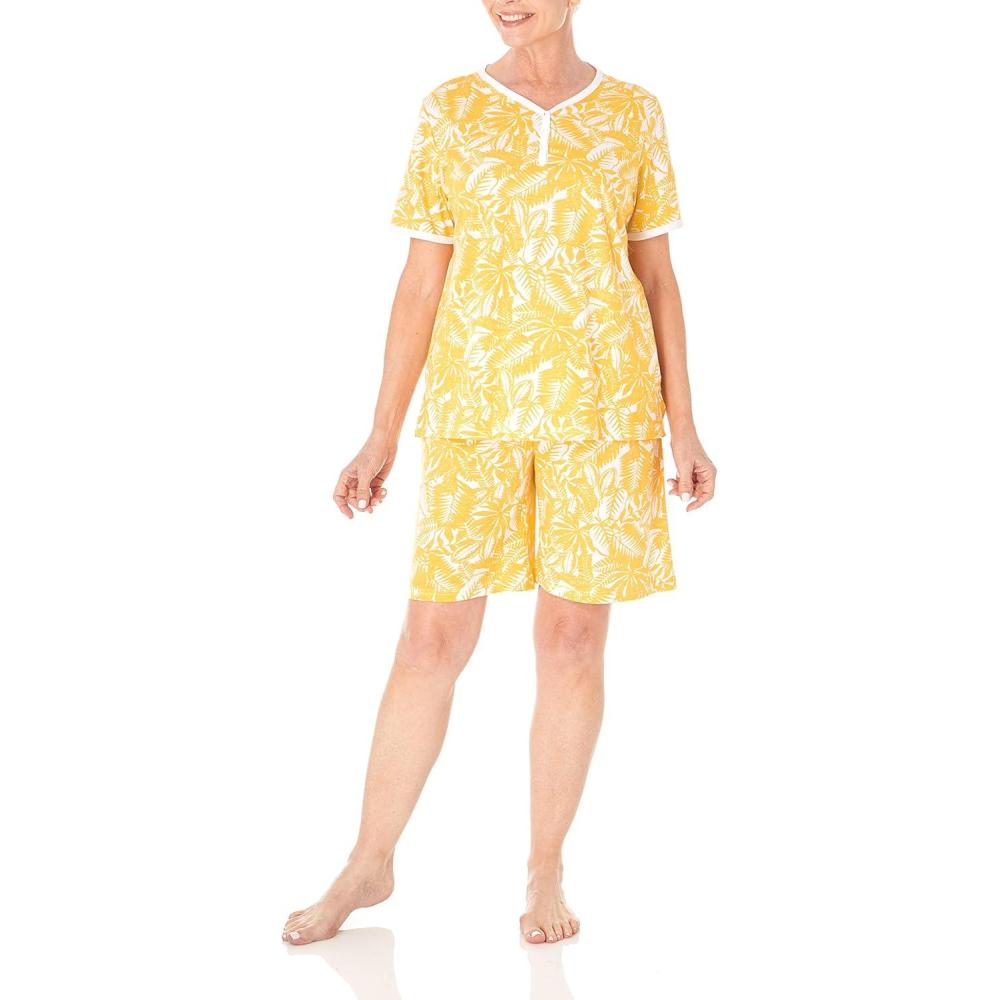 imageAmeriMark Print Knit PJ Sleepwear Two Piece Pajama Short Set for WomenYellow
