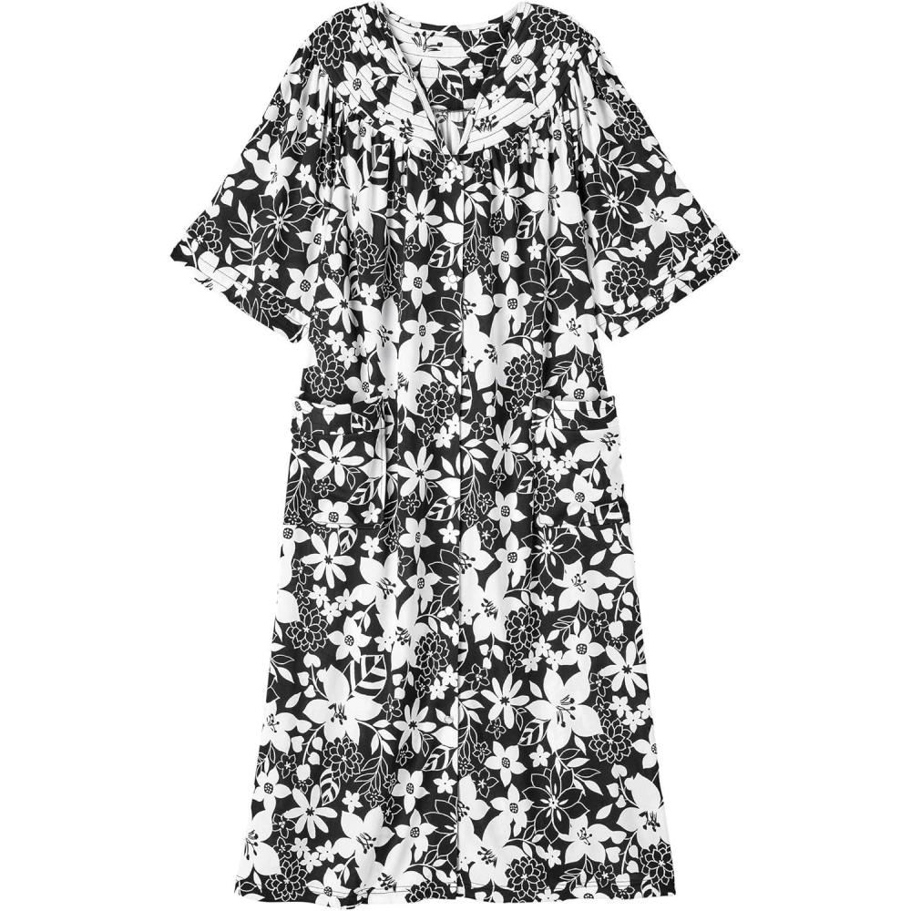 imageAmeriMark Women CalfLength Snap Front Duster Bathrobe Plush LooseFitting Housecoat Full Coverage Bath Robe Patch PocketsBlack Floral