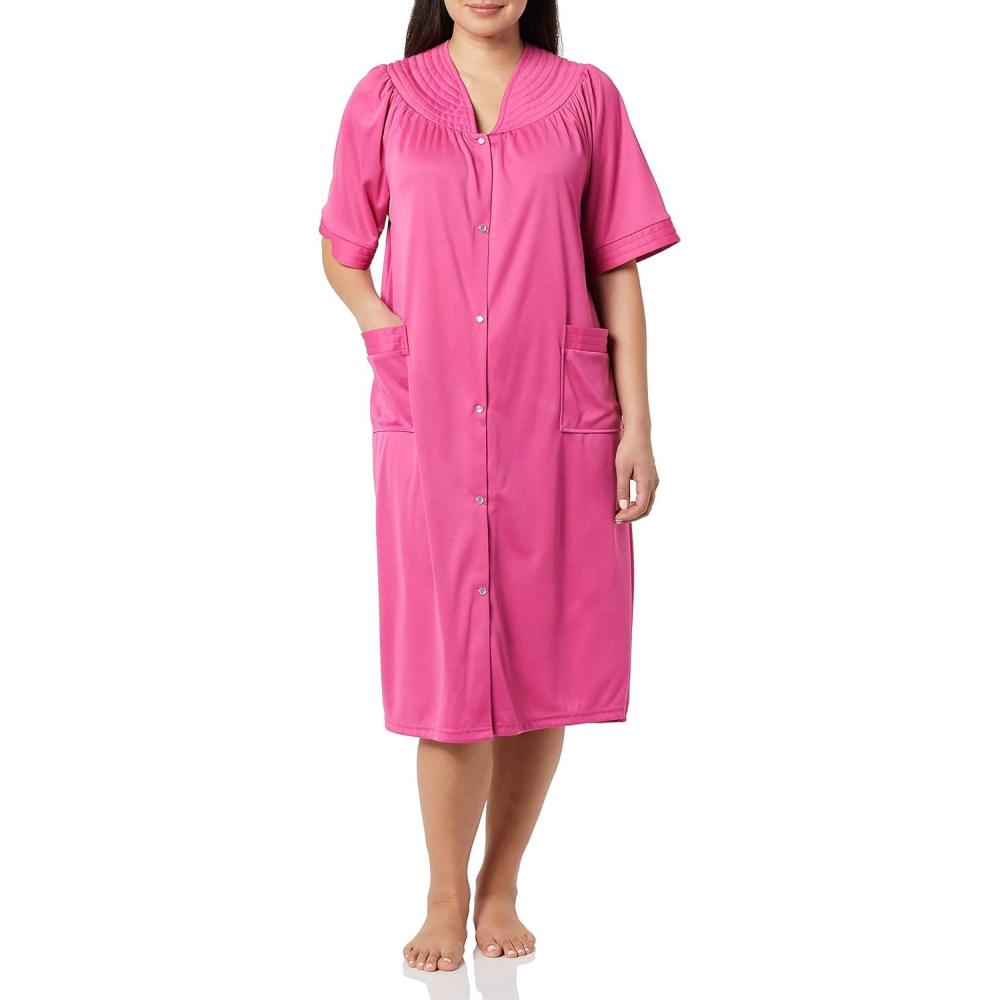 imageAmeriMark Women CalfLength Snap Front Duster Bathrobe Plush LooseFitting Housecoat Full Coverage Bath Robe Patch PocketsBright Orchid