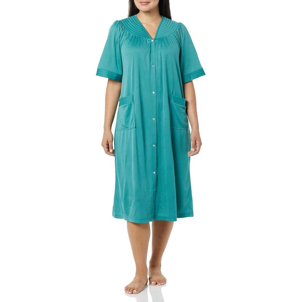 imageAmeriMark Women CalfLength Snap Front Duster Bathrobe Plush LooseFitting Housecoat Full Coverage Bath Robe Patch PocketsMeadow