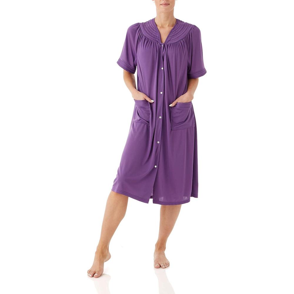imageAmeriMark Women CalfLength Snap Front Duster Bathrobe Plush LooseFitting Housecoat Full Coverage Bath Robe Patch PocketsPurple