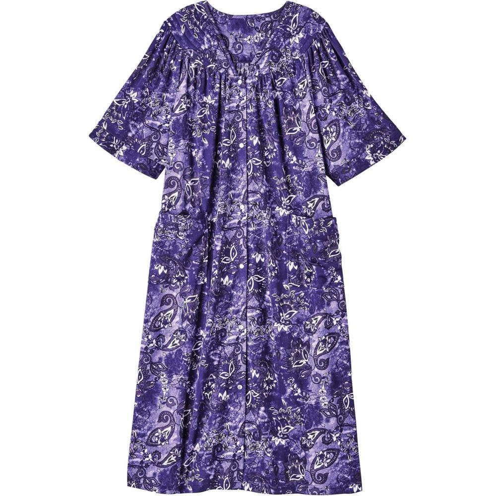 imageAmeriMark Women CalfLength Snap Front Duster Bathrobe Plush LooseFitting Housecoat Full Coverage Bath Robe Patch PocketsPurple Paisley