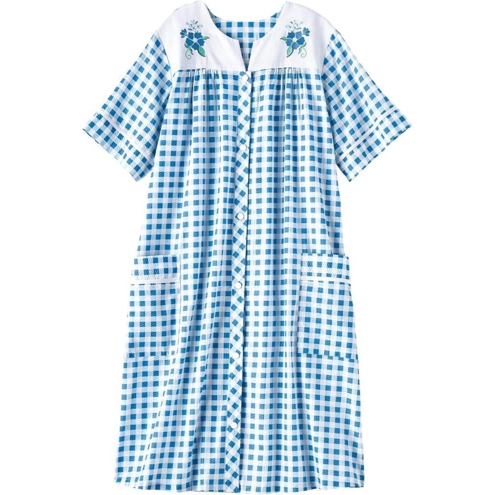 imageAmeriMark Women CalfLength Snap Front Knit Duster House Coat Robe LooseFitting Plush Bathrobe Short Sleeve Bath RobeBlue Check