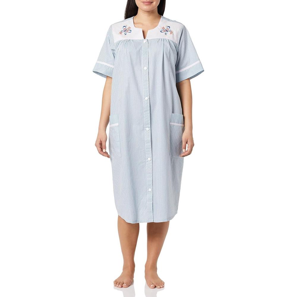 imageAmeriMark Women CalfLength Snap Front Knit Duster House Coat Robe  LooseFitting Plush Bathrobe  Short Sleeve Bath RobeFrench Blue