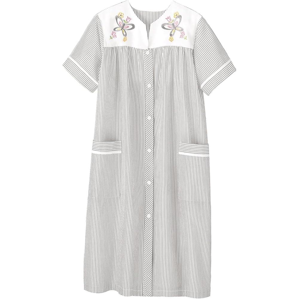 imageAmeriMark Women CalfLength Snap Front Knit Duster House Coat Robe LooseFitting Plush Bathrobe Short Sleeve Bath RobeKhaki Stripe