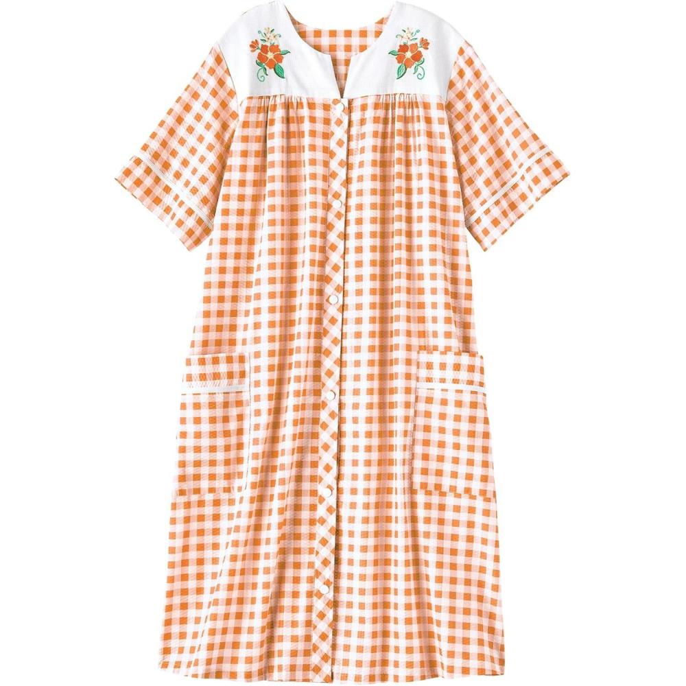 imageAmeriMark Women CalfLength Snap Front Knit Duster House Coat Robe LooseFitting Plush Bathrobe Short Sleeve Bath RobeOrange Check