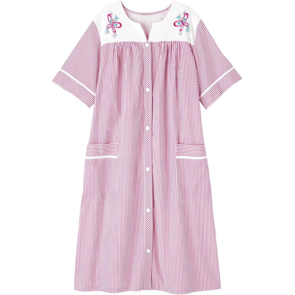 imageAmeriMark Women CalfLength Snap Front Knit Duster House Coat Robe LooseFitting Plush Bathrobe Short Sleeve Bath RobePink Punch