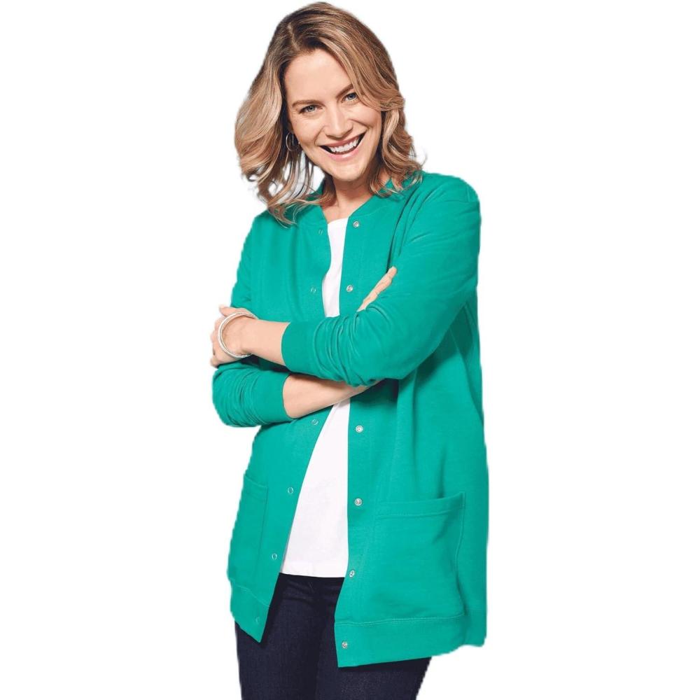imageAmeriMark Women Fleece Snap Button Cardigan Sweatshirt Coat Ladies Soft Lightweight Warm Long Sleeve Jacket with PocketsCapri Green