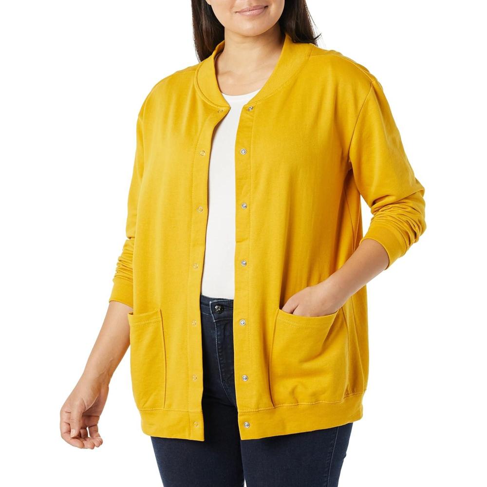 imageAmeriMark Women Fleece Snap Button Cardigan Sweatshirt Coat Ladies Soft Lightweight Warm Long Sleeve Jacket with PocketsMaize
