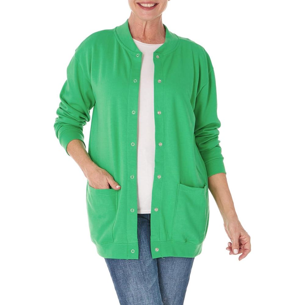imageAmeriMark Women Fleece Snap Button Cardigan Sweatshirt Coat Ladies Soft Lightweight Warm Long Sleeve Jacket with PocketsTropical Green