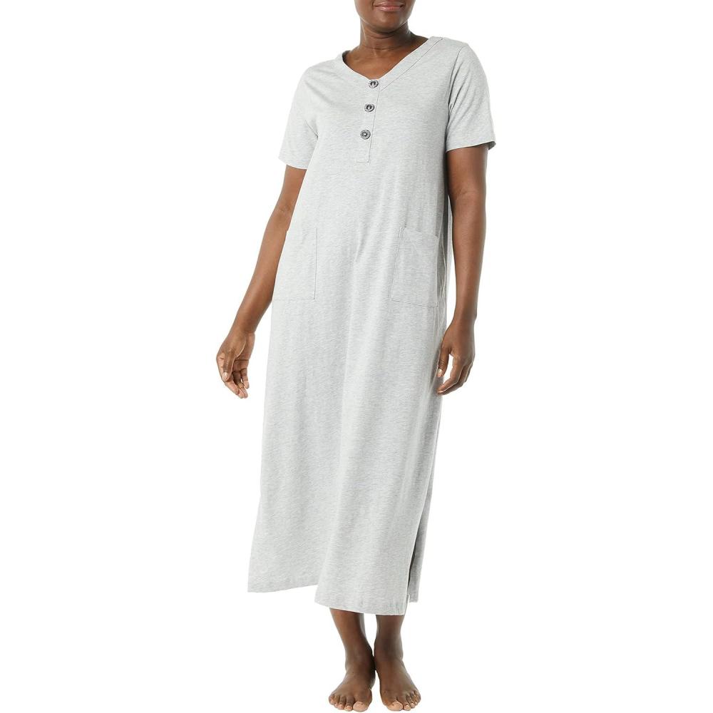 imageAmeriMark Womens Caftan Loungwear House Dress Long Nightgown V Neck with PocketsGray