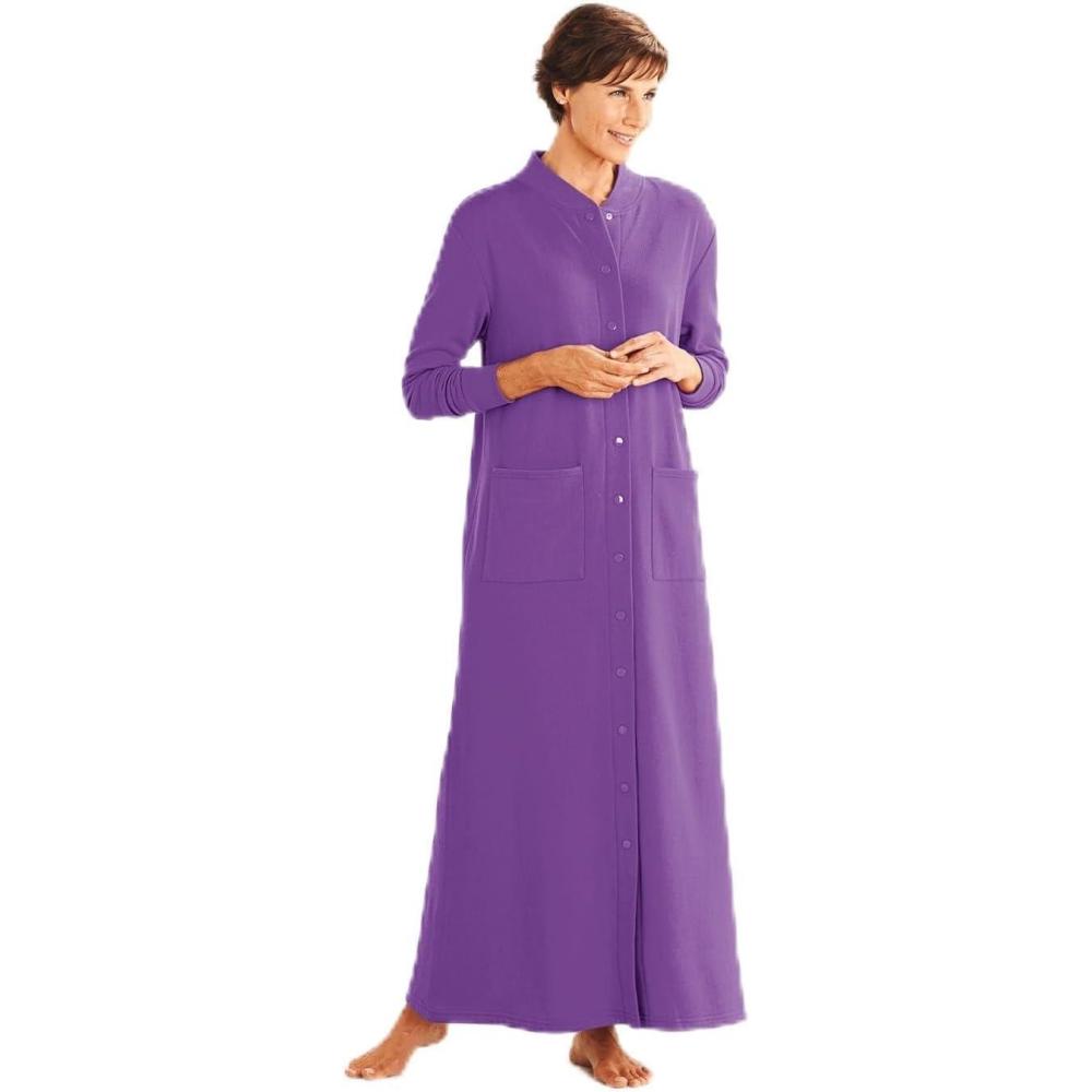 imageAmeriMark Womens Fleece Snap Front Long Bath Robe wPatch Pockets amp Neck CuffConcord