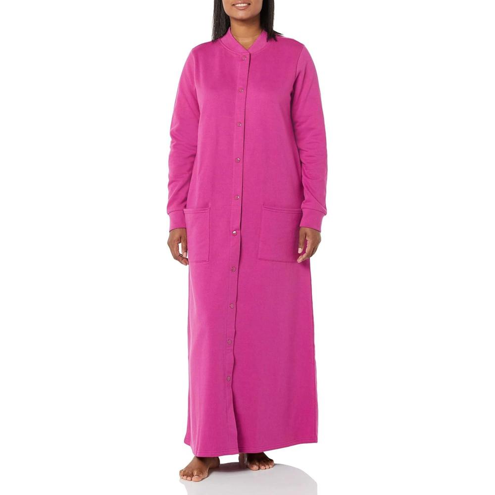 imageAmeriMark Womens Fleece Snap Front Long Bath Robe wPatch Pockets amp Neck CuffPlumberry