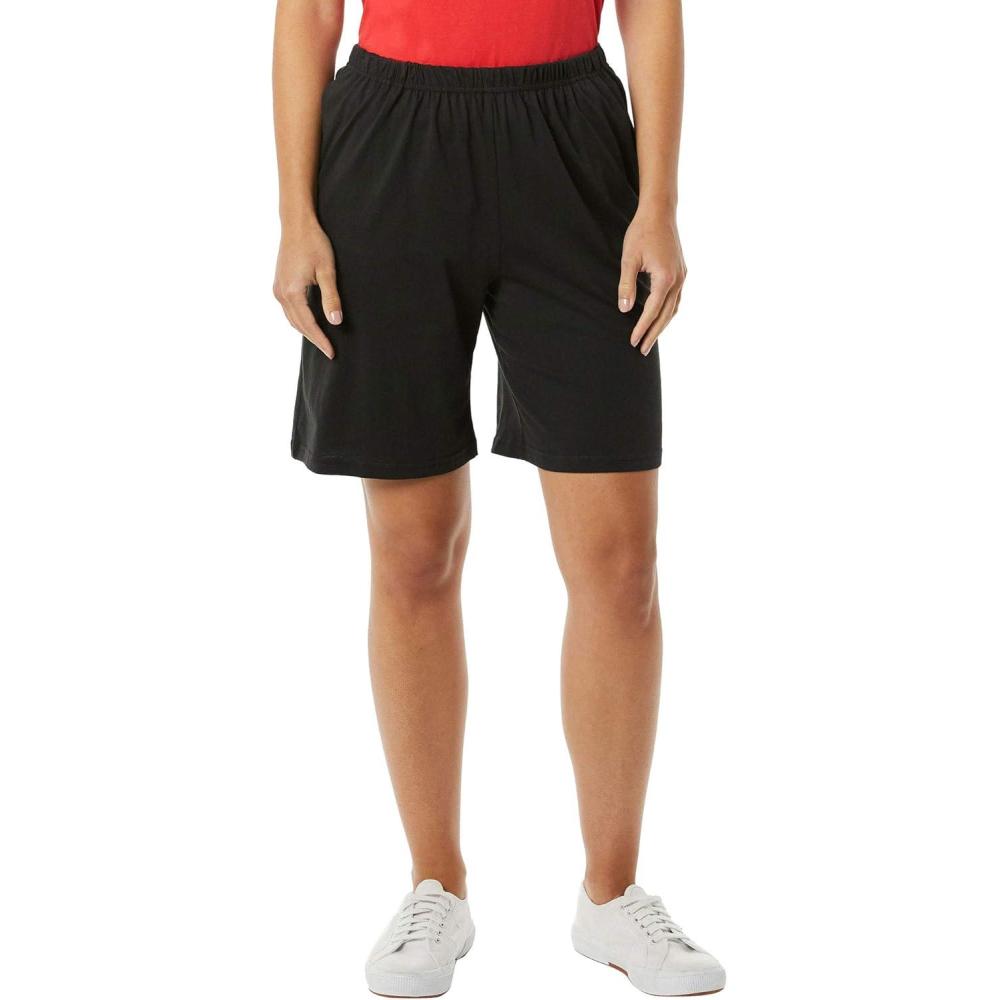 imageAmeriMark Womens Full Elastic Waist Athletic Bermuda Shorts Ladies 100 Cotton PullOn Golf Shorts with PocketsBlack