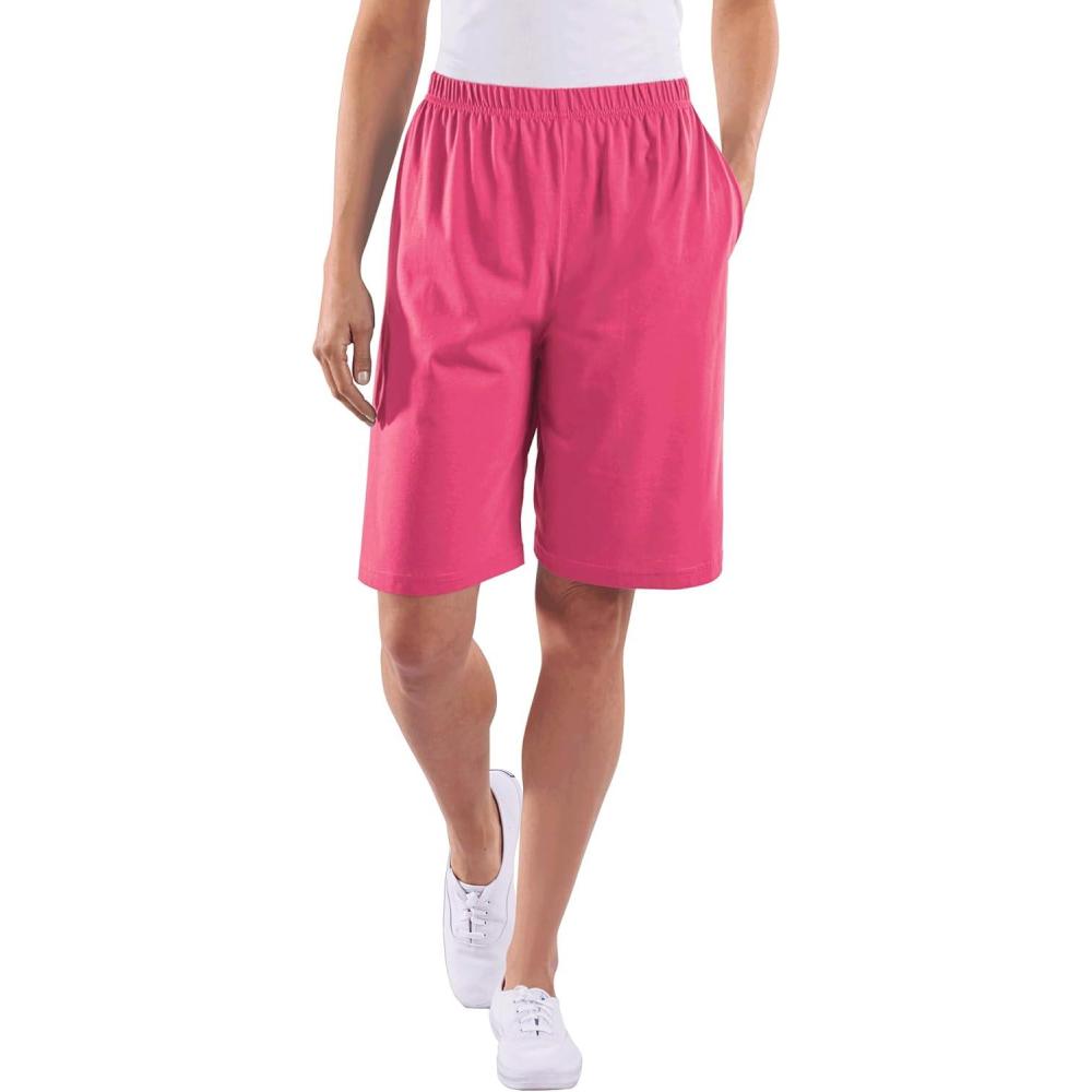 imageAmeriMark Womens Full Elastic Waist Athletic Bermuda Shorts Ladies 100 Cotton PullOn Golf Shorts with PocketsMulberry