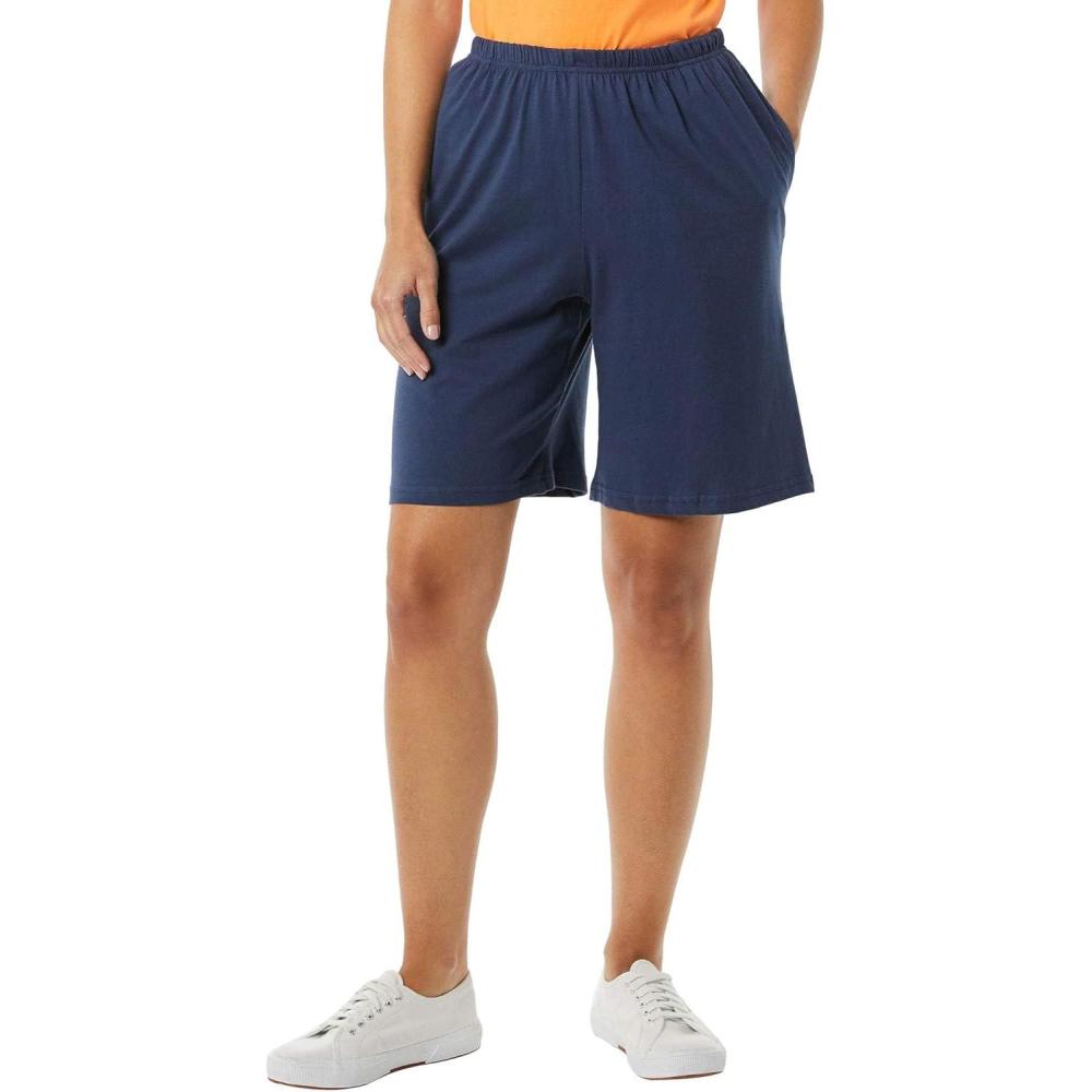 imageAmeriMark Womens Full Elastic Waist Athletic Bermuda Shorts Ladies 100 Cotton PullOn Golf Shorts with PocketsNavy