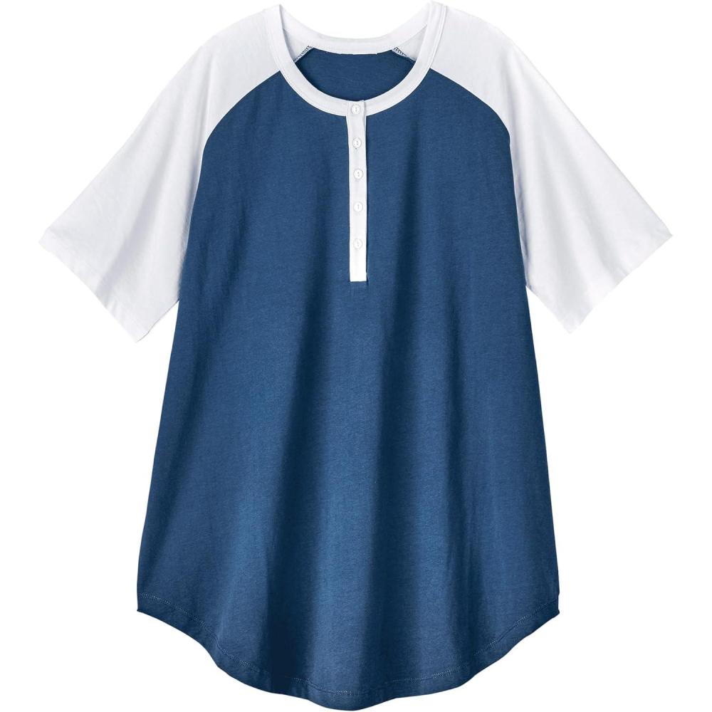 imageAmeriMark Womens Henley Baseball Shirt Tunic Top Contrast SleevesNavy White