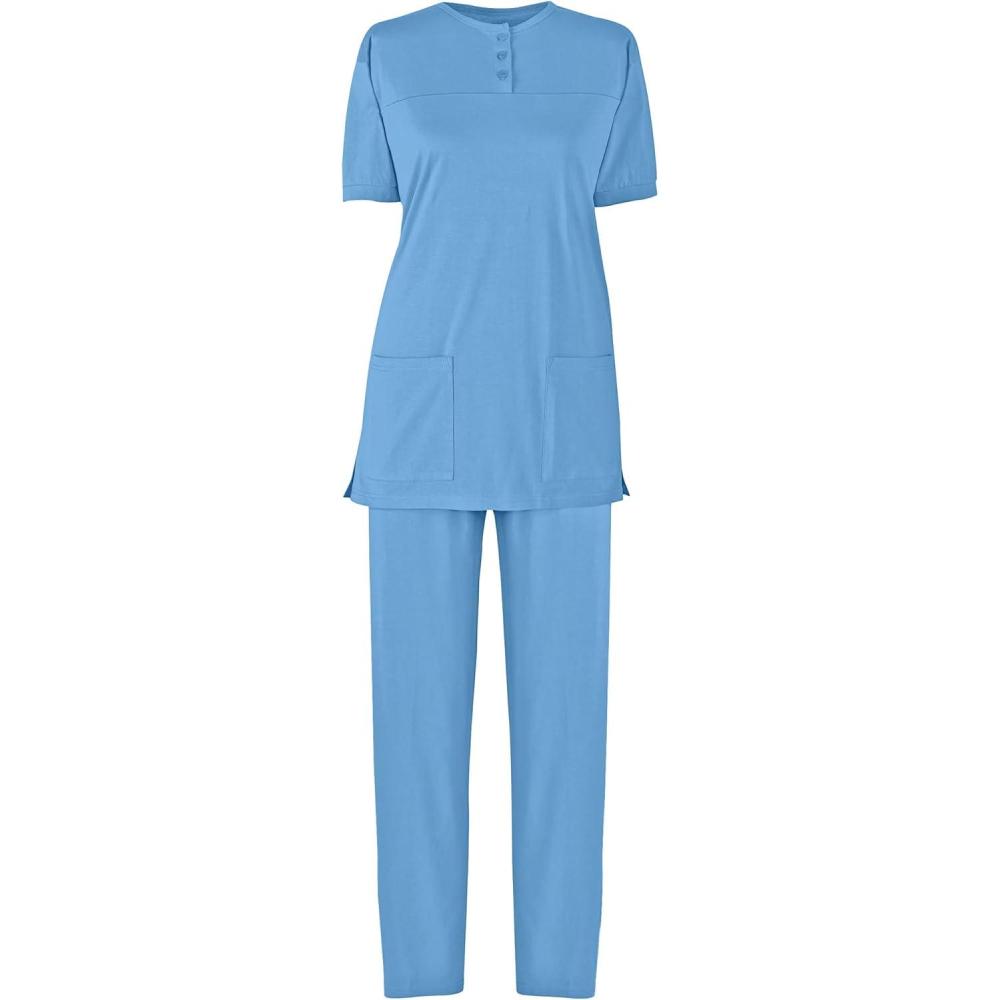 imageAmeriMark Womens Henley Pant Set Short Sleeve Top with Pocket amp PullOn PantsFrench Blue