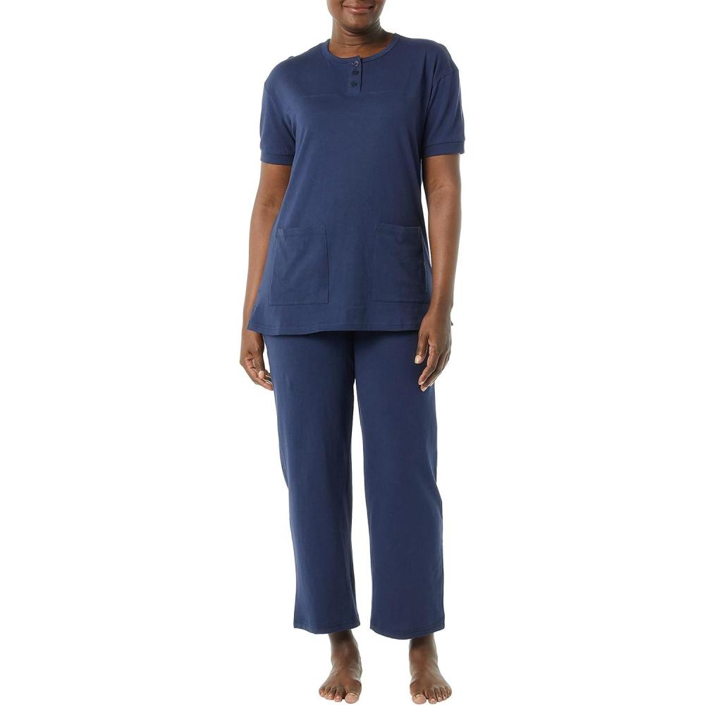 imageAmeriMark Womens Henley Pant Set Short Sleeve Top with Pocket amp PullOn PantsNavy