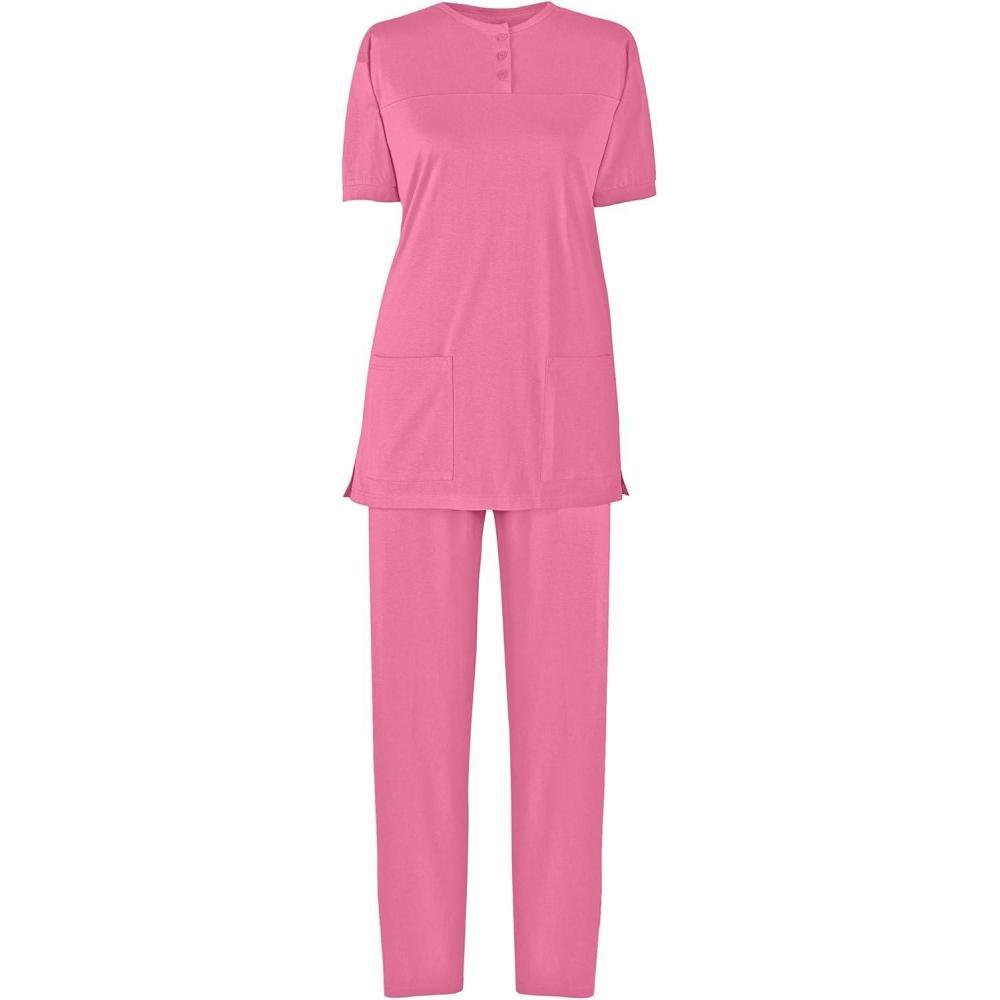 imageAmeriMark Womens Henley Pant Set Short Sleeve Top with Pocket amp PullOn PantsRosette