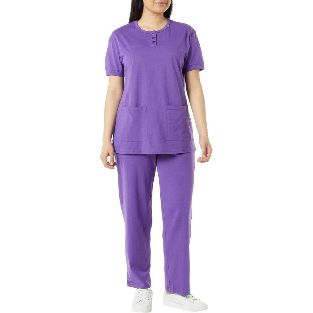 imageAmeriMark Womens Henley Pant Set Short Sleeve Top with Pocket amp PullOn PantsViolet
