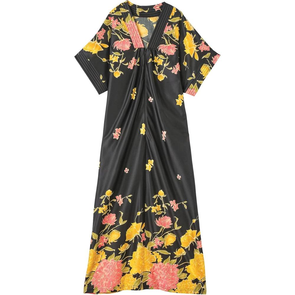 imageAmeriMark Womens Long Length Caftan Hawaiian Muu Muu Night Gown with PocketBlack Multi
