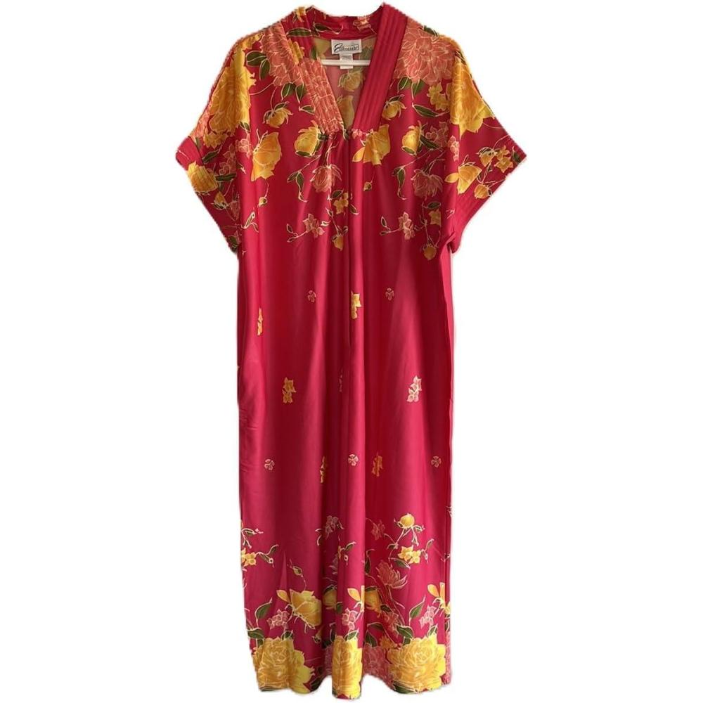 imageAmeriMark Womens Long Length Caftan Hawaiian Muu Muu Night Gown with PocketRed Multi