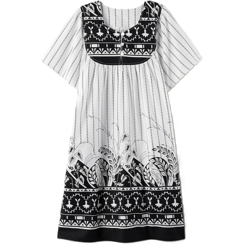imageAmeriMark Womens Patio Dress Lounger Floral Print Border Short Sleeve amp PocketsBlackWhite Border