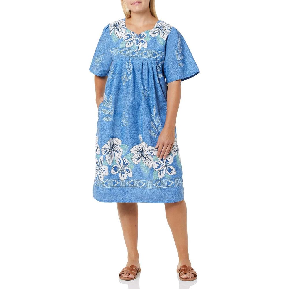 imageAmeriMark Womens Patio Dress Lounger Floral Print Border Short Sleeve amp PocketsFrench Blue