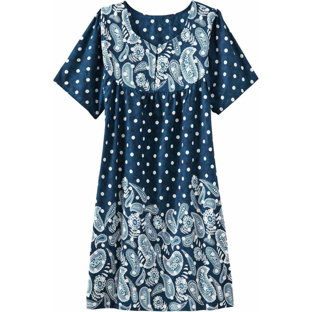 imageAmeriMark Womens Patio Dress Lounger Floral Print Border Short Sleeve amp PocketsFrench Blue Paisley