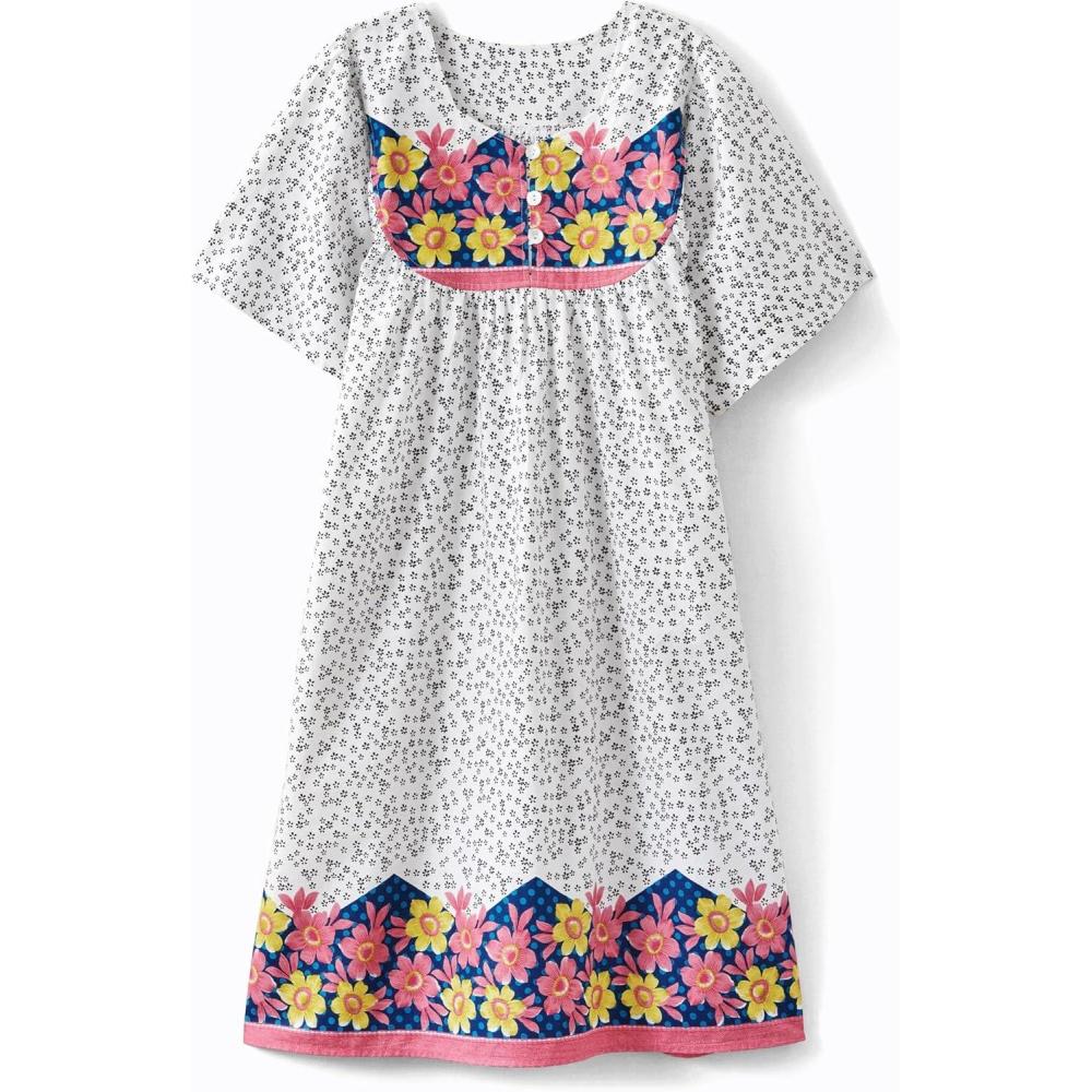 imageAmeriMark Womens Patio Dress Lounger Floral Print Border Short Sleeve amp PocketsFuchsia Navy Border